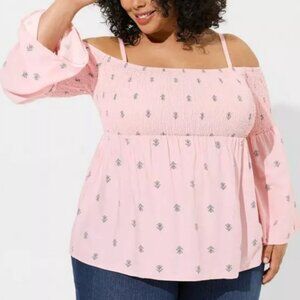 Torrid Challis Cold Shoulder Smocked Top in Dusty Almond Willow